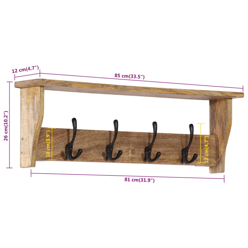 Wandgarderobe mit 4 Haken Massivholz Mango