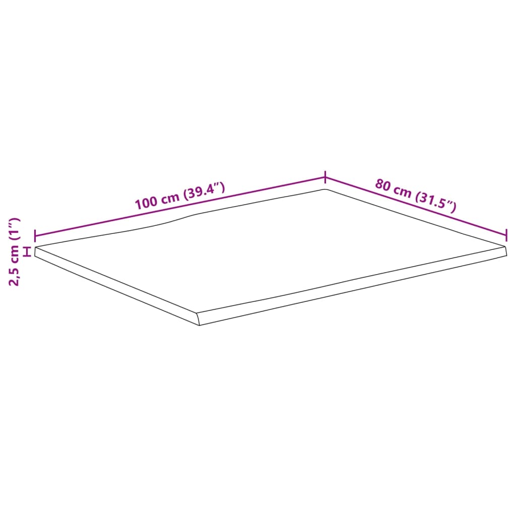 Tischplatte mit Baumkante 100x80x2,5 cm Raues Mango Massivholz