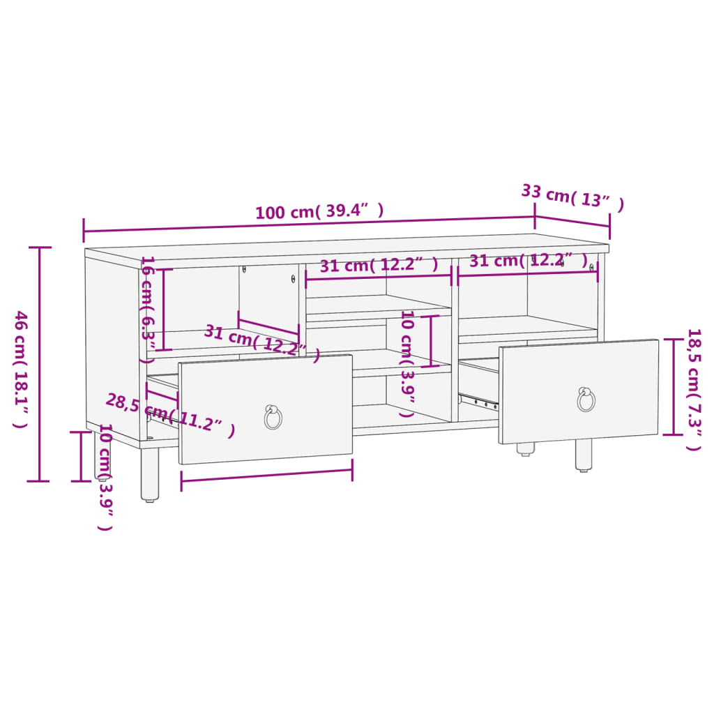 TV-Schrank 100x33x46 cm Massivholz Mango