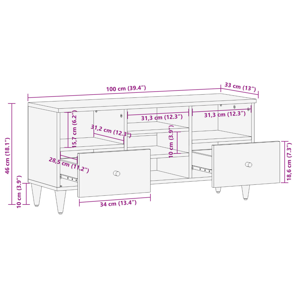 TV-Schrank 100x33x46 cm Massivholz Mango