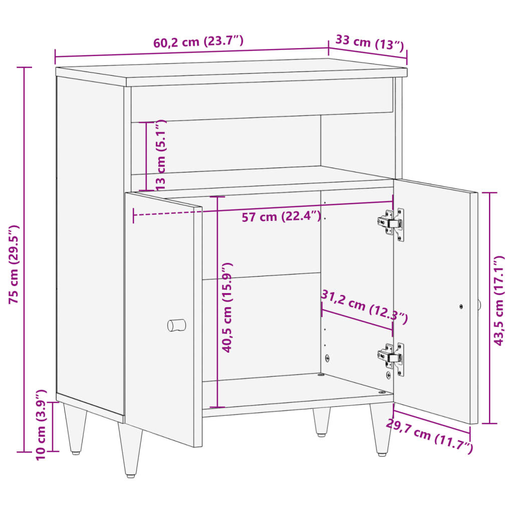 Beistellschrank 60x33x75 cm Massivholz Mango