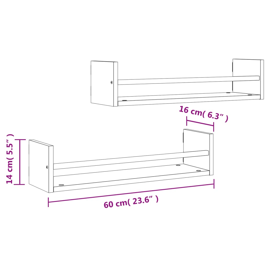 Wandregale mit Stangen 2 Stk. Schwarz 60x16x14 cm