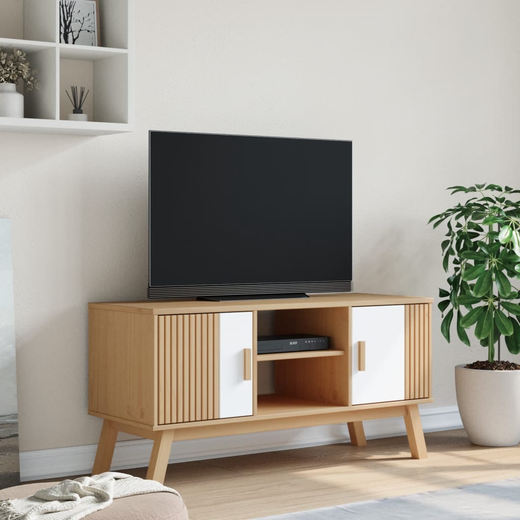 TV-Schrank OLDEN Weiß und Braun 114x43x57 cm Massivholz Kiefer