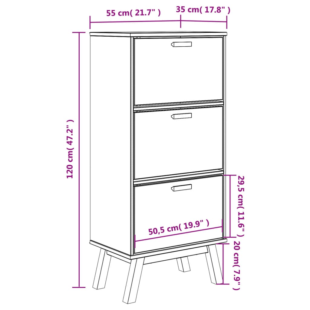 Schuhschrank OLDEN Braun 55x35x120 cm Massivholz Kiefer