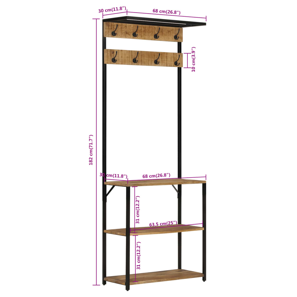 Garderobe mit Schuhablage 68x30x182cm Raues Massivholz Mango