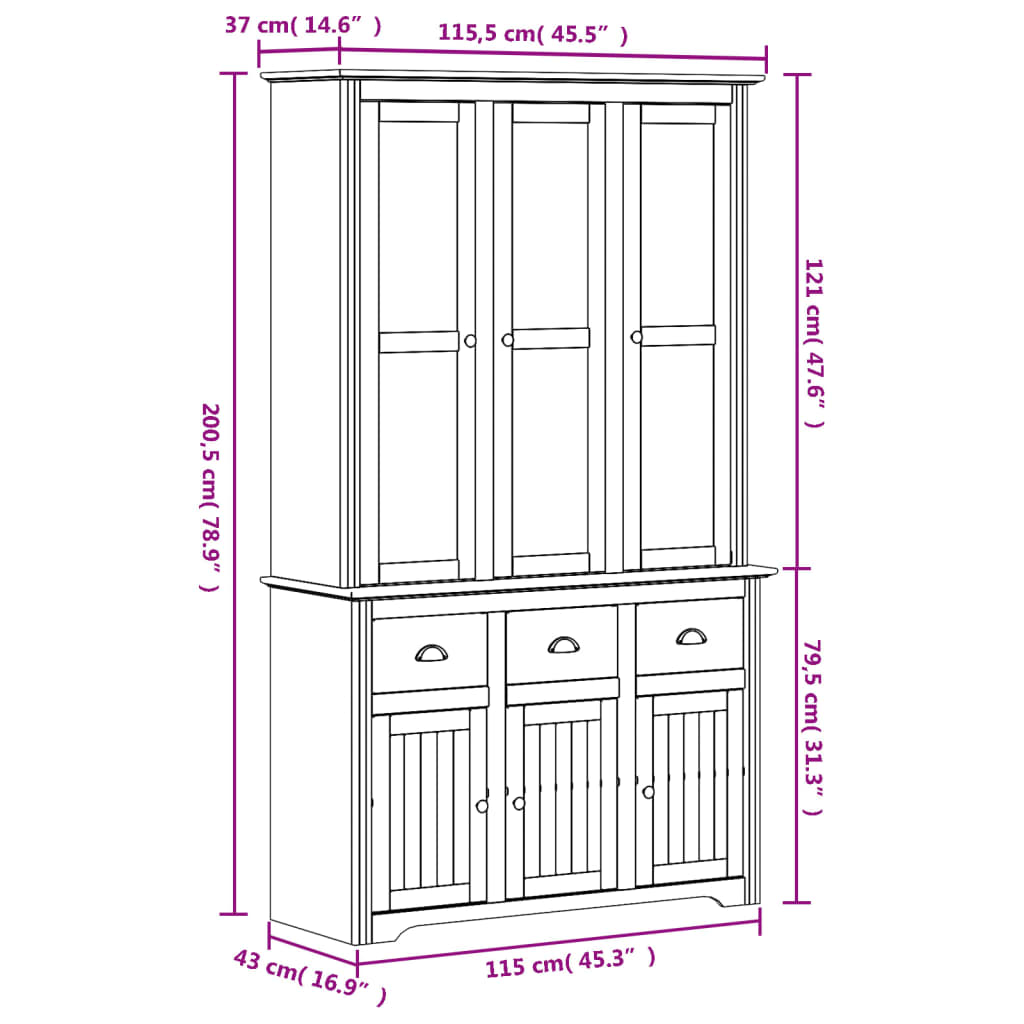 Highboard BODO Weiß 115,5x43x200,5 cm Massivholz Kiefer