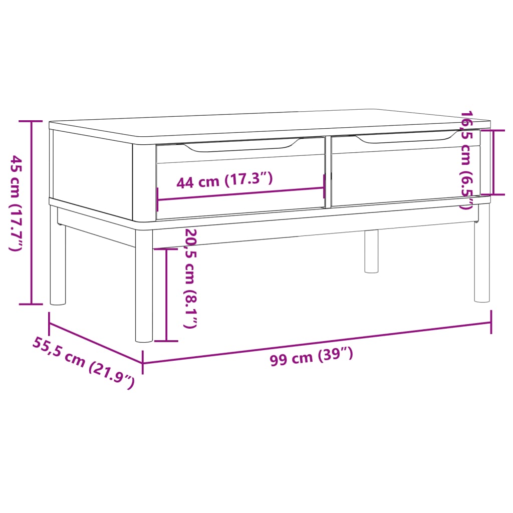 Couchtisch FLORO Wachsbraun 99x55,5x45 cm Massivholz Kiefer