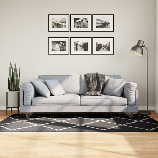 Teppich Shaggy Hochflor Modern Schwarz und Creme 100x200 cm