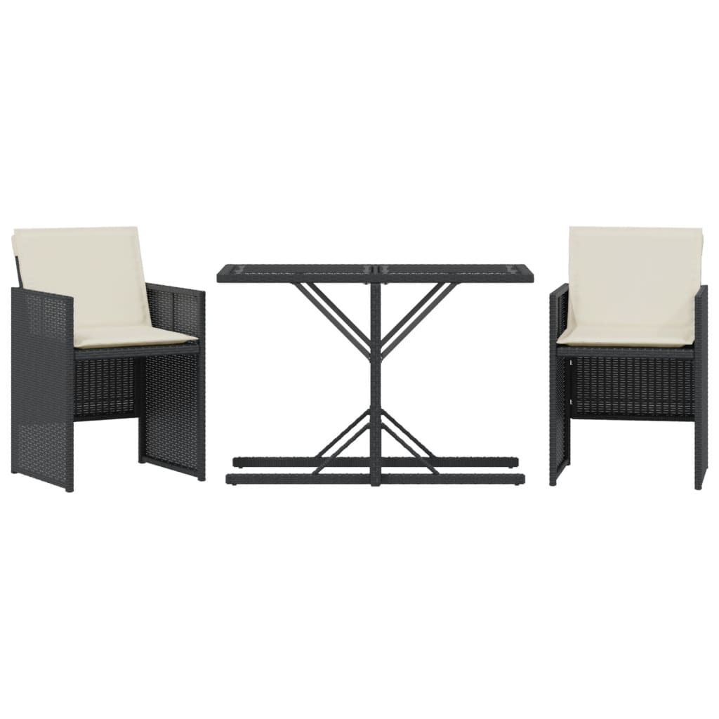 3-tlg. Bistro-Set mit Kissen Schwarz Poly Rattan