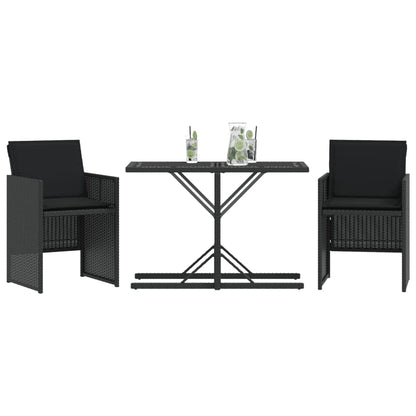 3-tlg. Bistro-Set mit Kissen Schwarz Poly Rattan