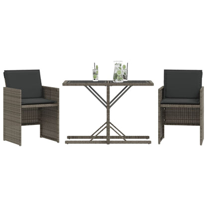 3-tlg. Bistro-Set mit Kissen Grau Poly Rattan