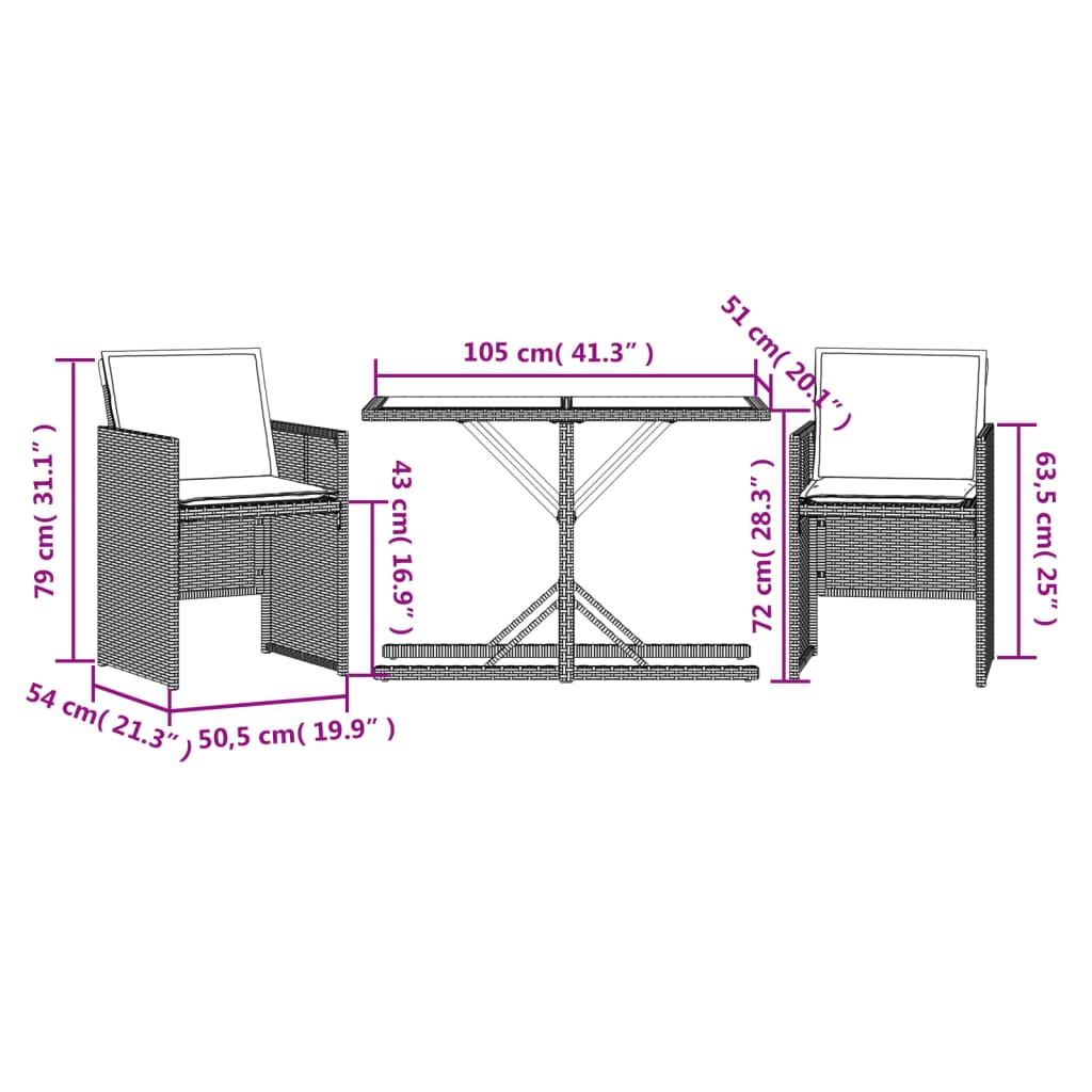 3-tlg. Bistro-Set mit Kissen Grau Poly Rattan