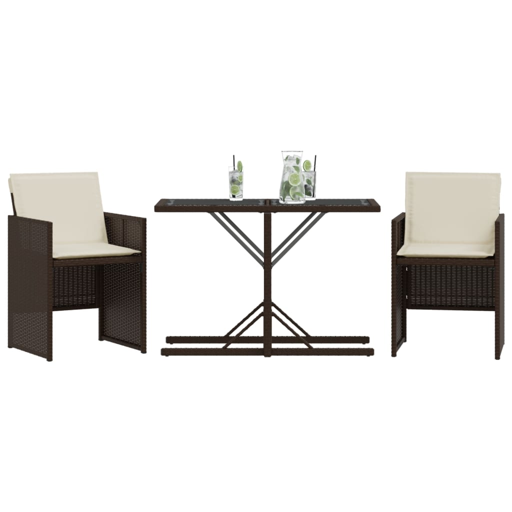 3-tlg. Bistro-Set mit Kissen Braun Poly Rattan