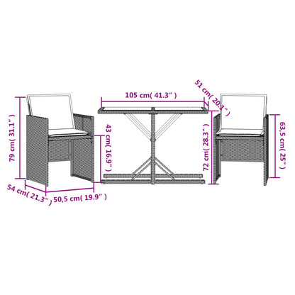 3-tlg. Bistro-Set mit Kissen Braun Poly Rattan