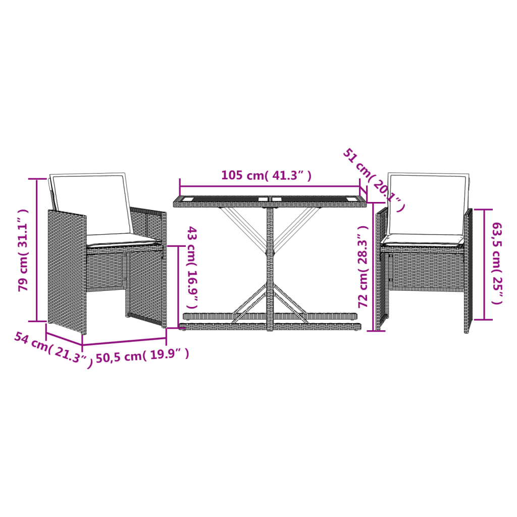 3-tlg. Bistro-Set mit Kissen Schwarz Poly Rattan