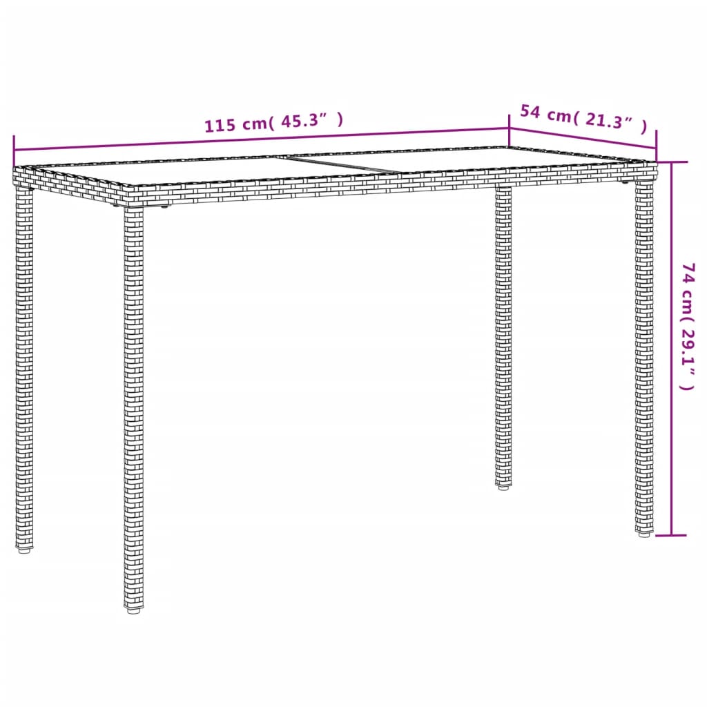 Gartentisch mit Glasplatte Grau 115x54x74 cm Poly Rattan