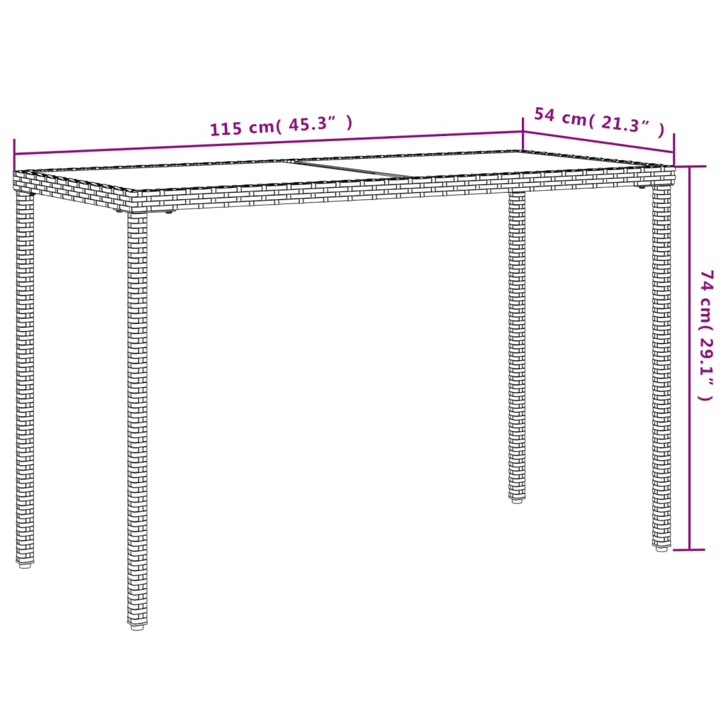 Gartentisch mit Glasplatte Braun 115x54x74 cm Poly Rattan