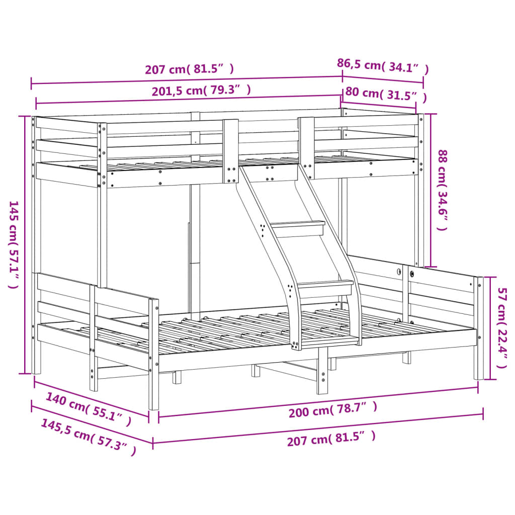 Etagenbett 80x200/140x200 cm Massivholz Kiefer