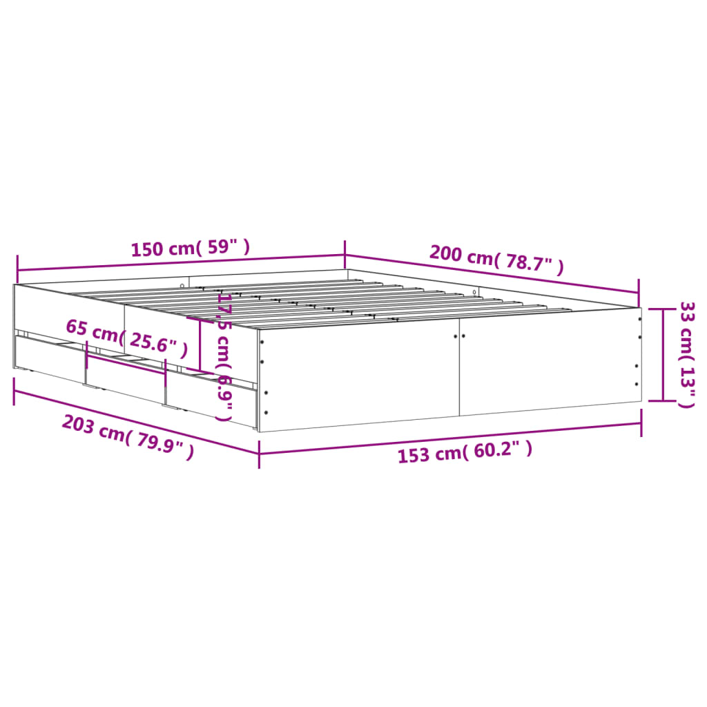 Bettgestell mit Schubladen Grau Sonoma 150x200 cm Holzwerkstoff