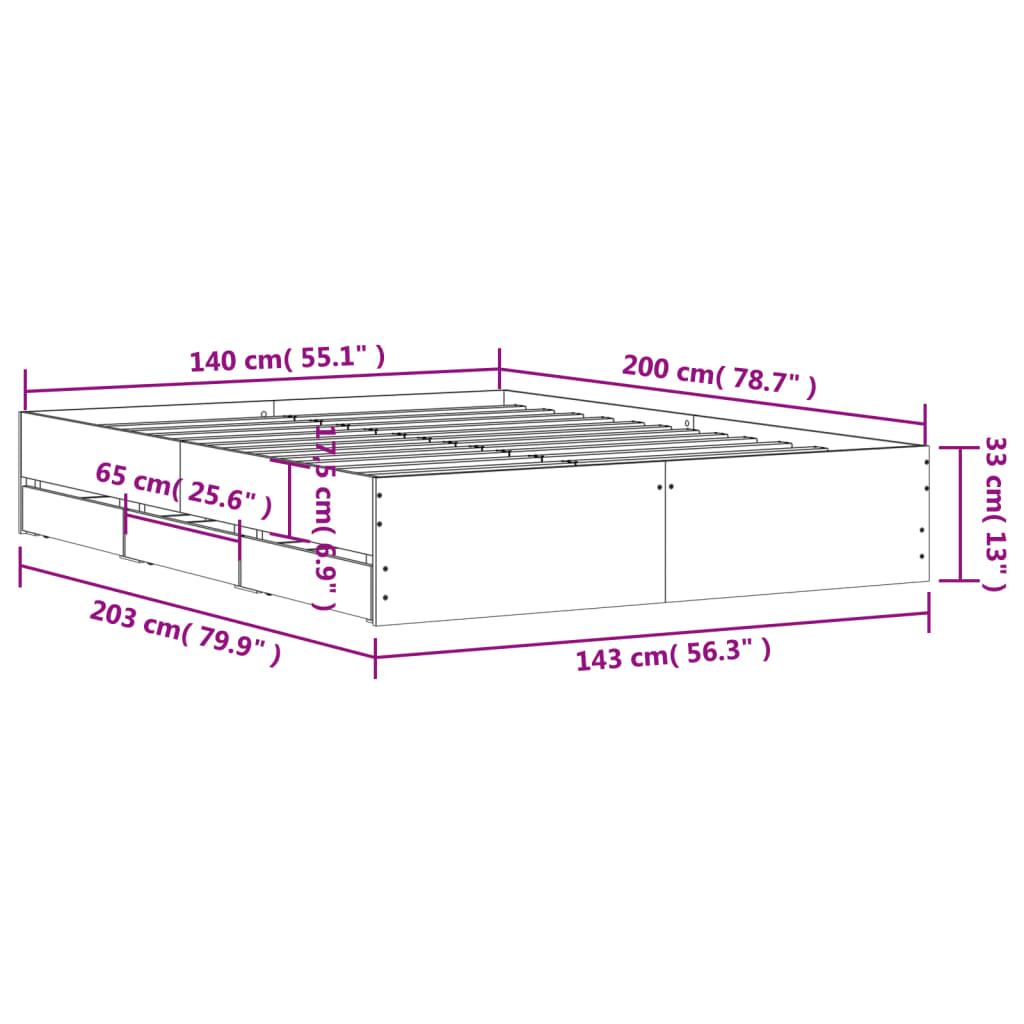 Bettgestell mit Schubladen Betongrau 140x200 cm Holzwerkstoff