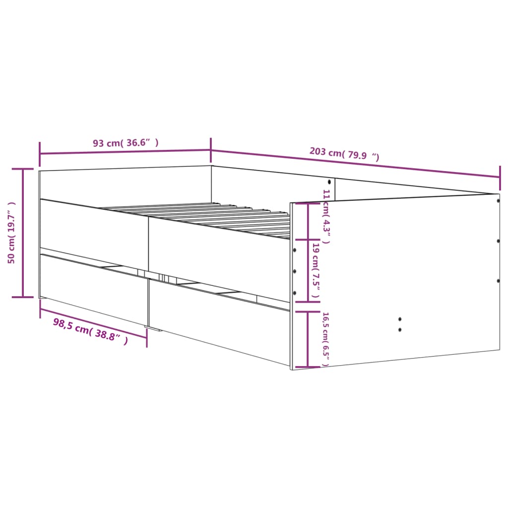 Bettgestell mit Schubladen Grau Sonoma 90x200 cm