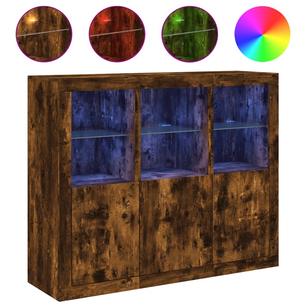 Sideboards mit LED-Leuchten 3 Stk. Räuchereiche Holzwerkstoff