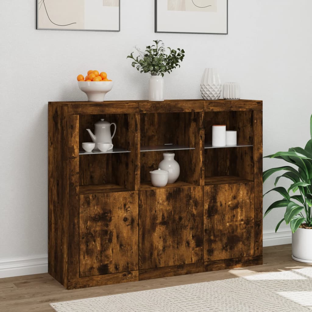 Sideboards mit LED-Leuchten 3 Stk. Räuchereiche Holzwerkstoff