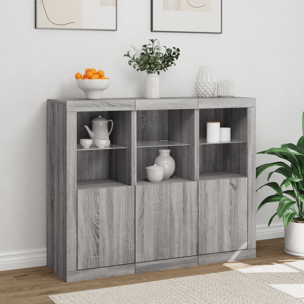 Sideboards mit LED-Leuchten 3 Stk. Grau Sonoma Holzwerkstoff