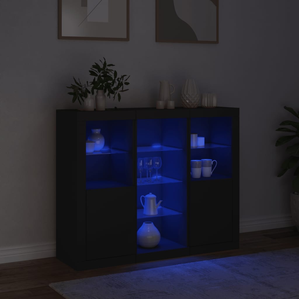 Sideboards mit LED-Leuchten 3 Stk. Schwarz Holzwerkstoff