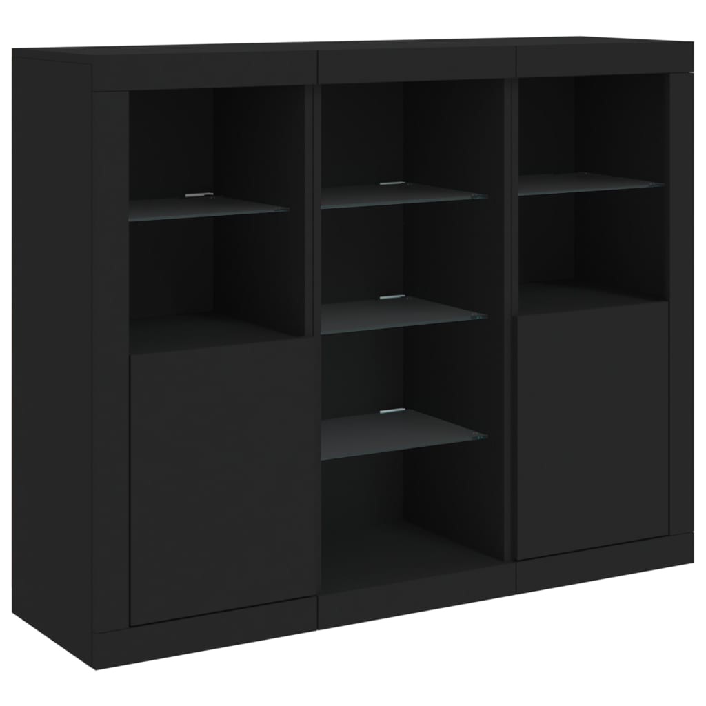 Sideboards mit LED-Leuchten 3 Stk. Schwarz Holzwerkstoff