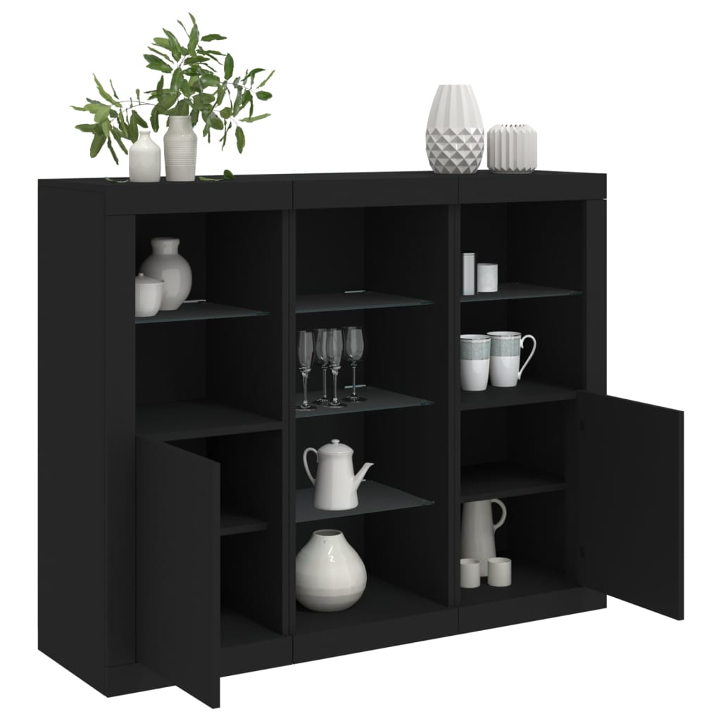 Sideboards mit LED-Leuchten 3 Stk. Schwarz Holzwerkstoff