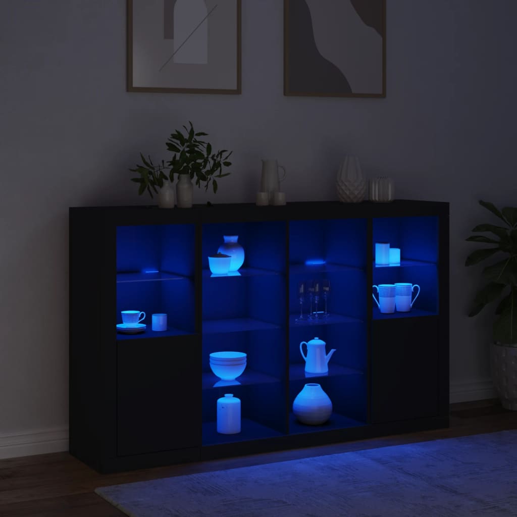 Sideboards mit LED-Leuchten 3 Stk. Schwarz Holzwerkstoff