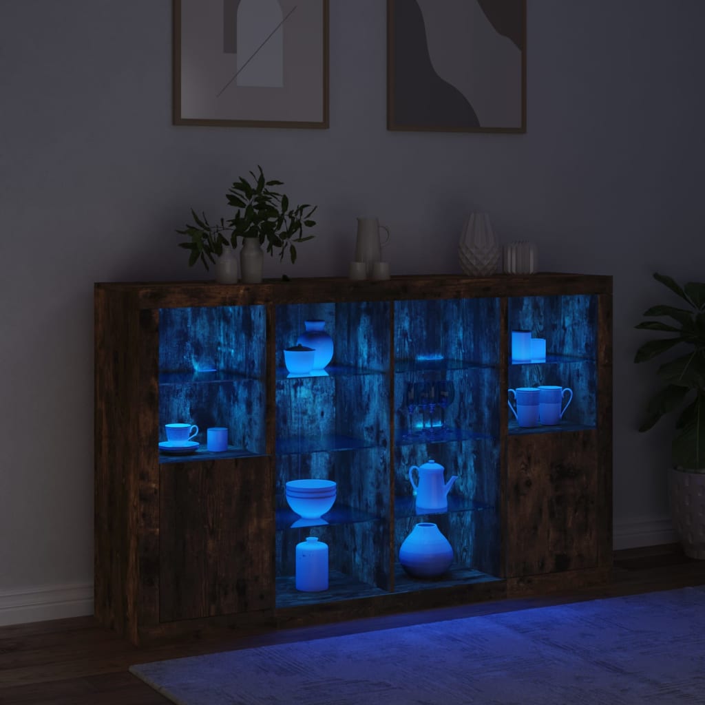 Sideboards mit LED-Leuchten 3 Stk. Räuchereiche Holzwerkstoff