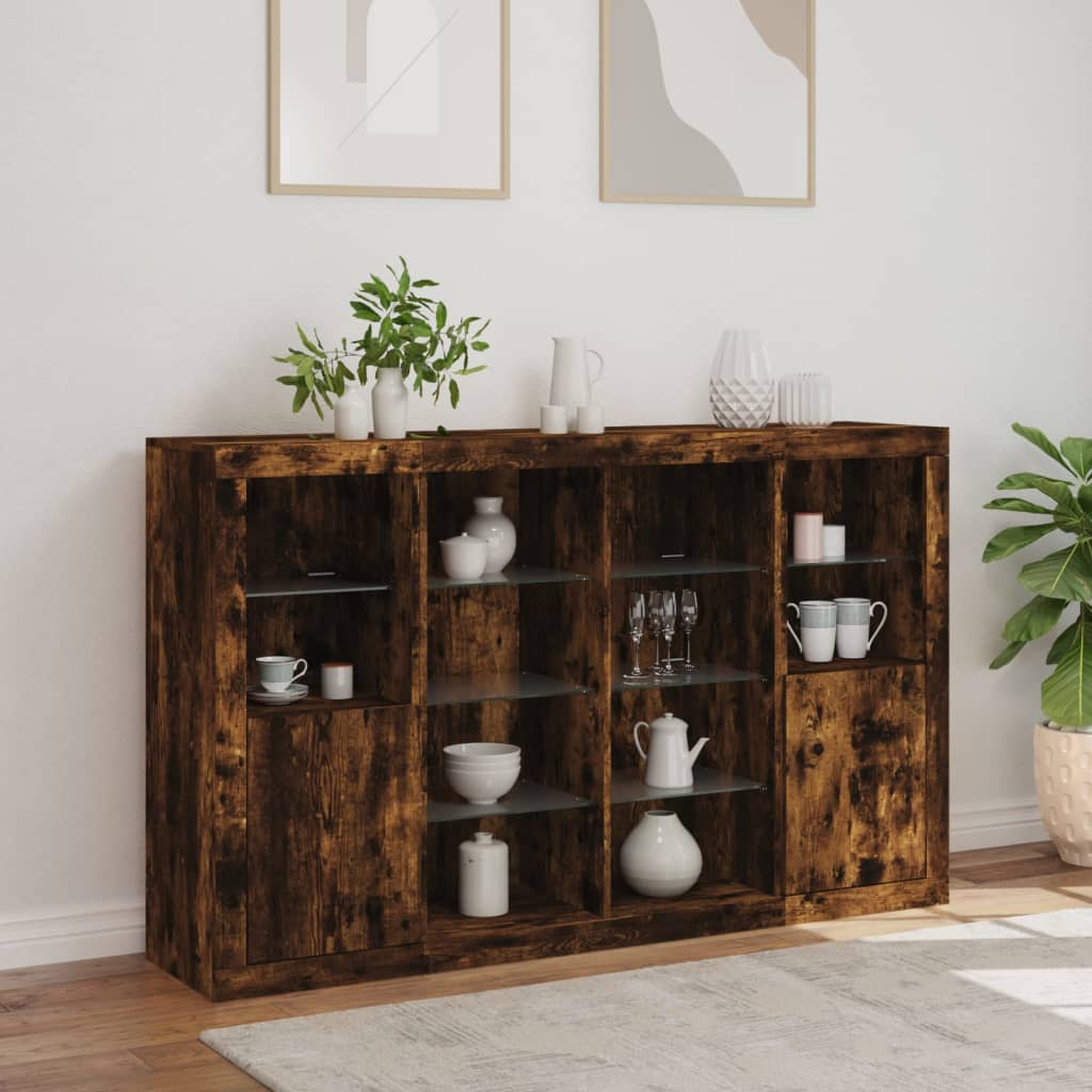 Sideboards mit LED-Leuchten 3 Stk. Räuchereiche Holzwerkstoff