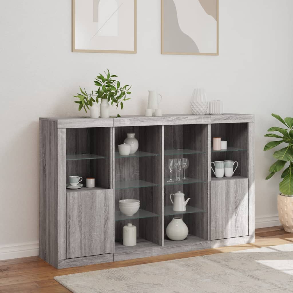 Sideboards mit LED-Leuchten 3 Stk. Grau Sonoma Holzwerkstoff