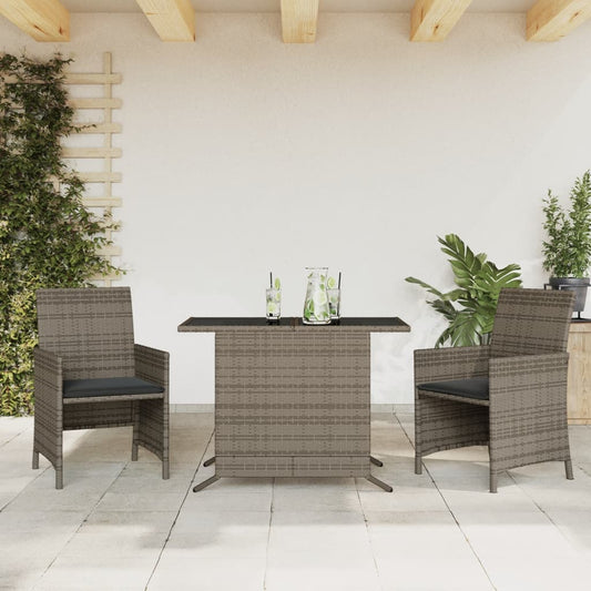 3-tlg. Bistro-Set mit Kissen Grau Poly Rattan