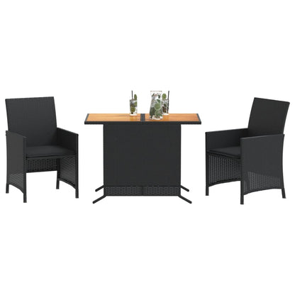 3-tlg. Bistro-Set mit Kissen Schwarz Poly Rattan