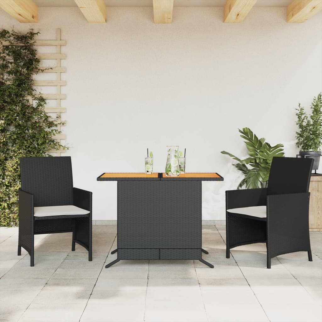 3-tlg. Bistro-Set mit Kissen Schwarz Poly Rattan