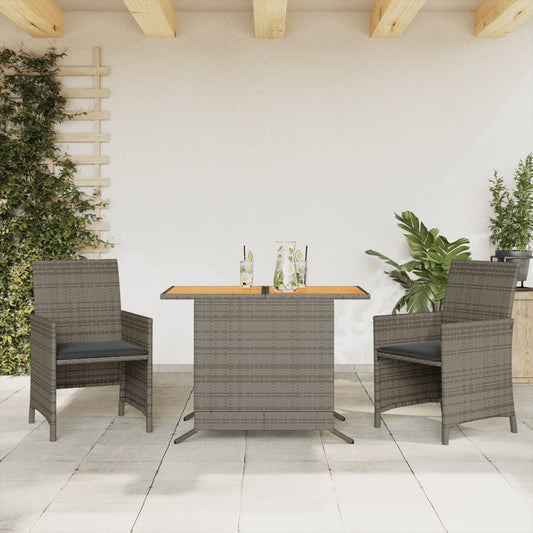 3-tlg. Bistro-Set mit Kissen Grau Poly Rattan