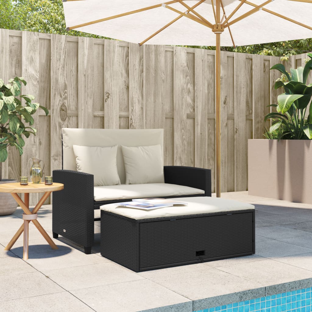 Gartensofa mit Kissen 2-Sitzer Schwarz Poly Rattan