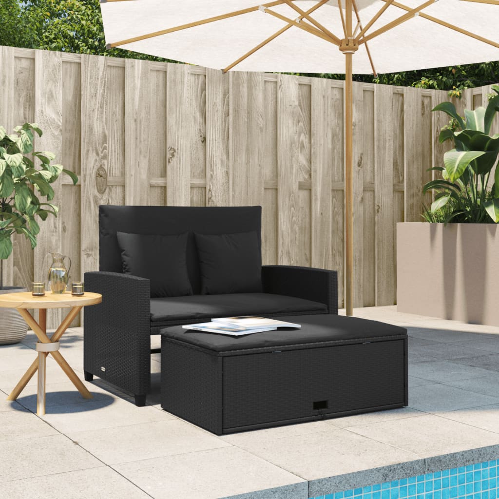 Gartensofa mit Kissen 2-Sitzer Schwarz Poly Rattan