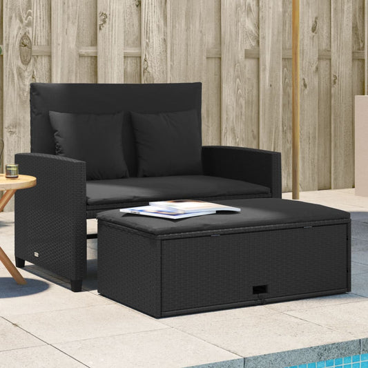 Gartensofa mit Kissen 2-Sitzer Schwarz Poly Rattan