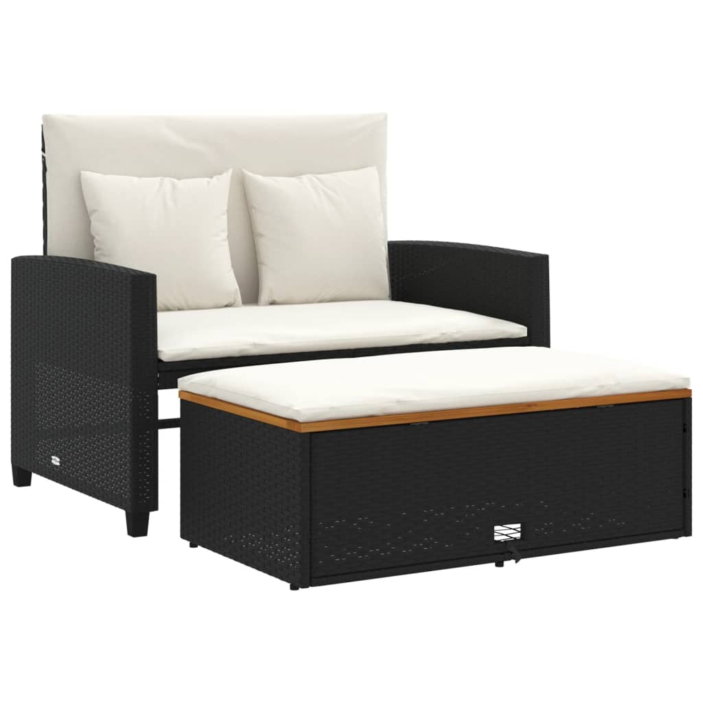 Gartensofa mit Kissen 2-Sitzer Schwarz Poly Rattan&Akazienholz