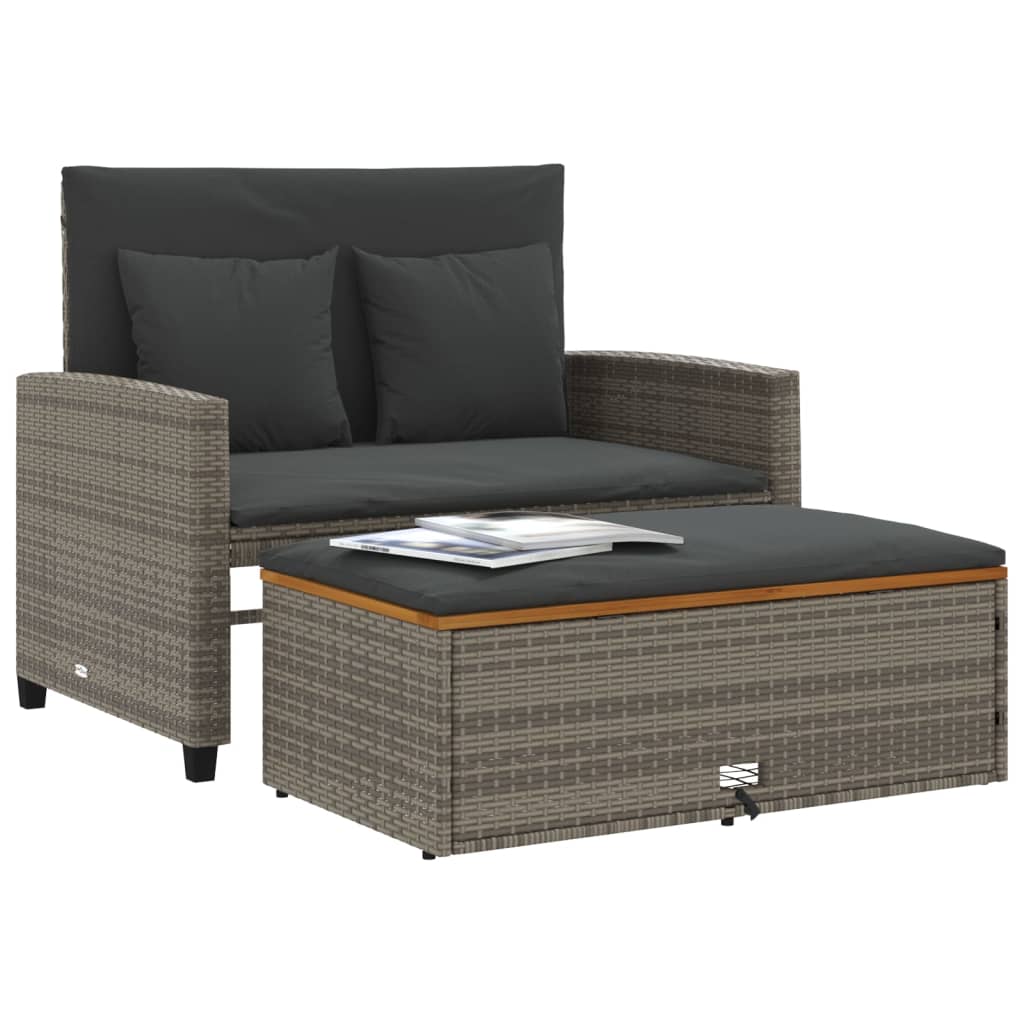 Gartensofa mit Kissen 2-Sitzer Grau Poly Rattan & Akazienholz