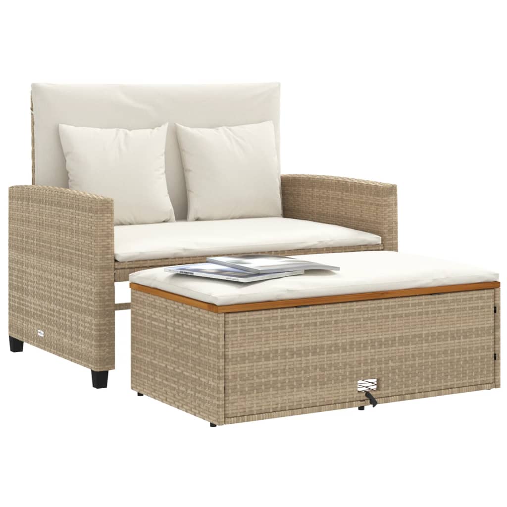 Gartensofa mit Kissen 2-Sitzer Beige Poly Rattan & Akazienholz