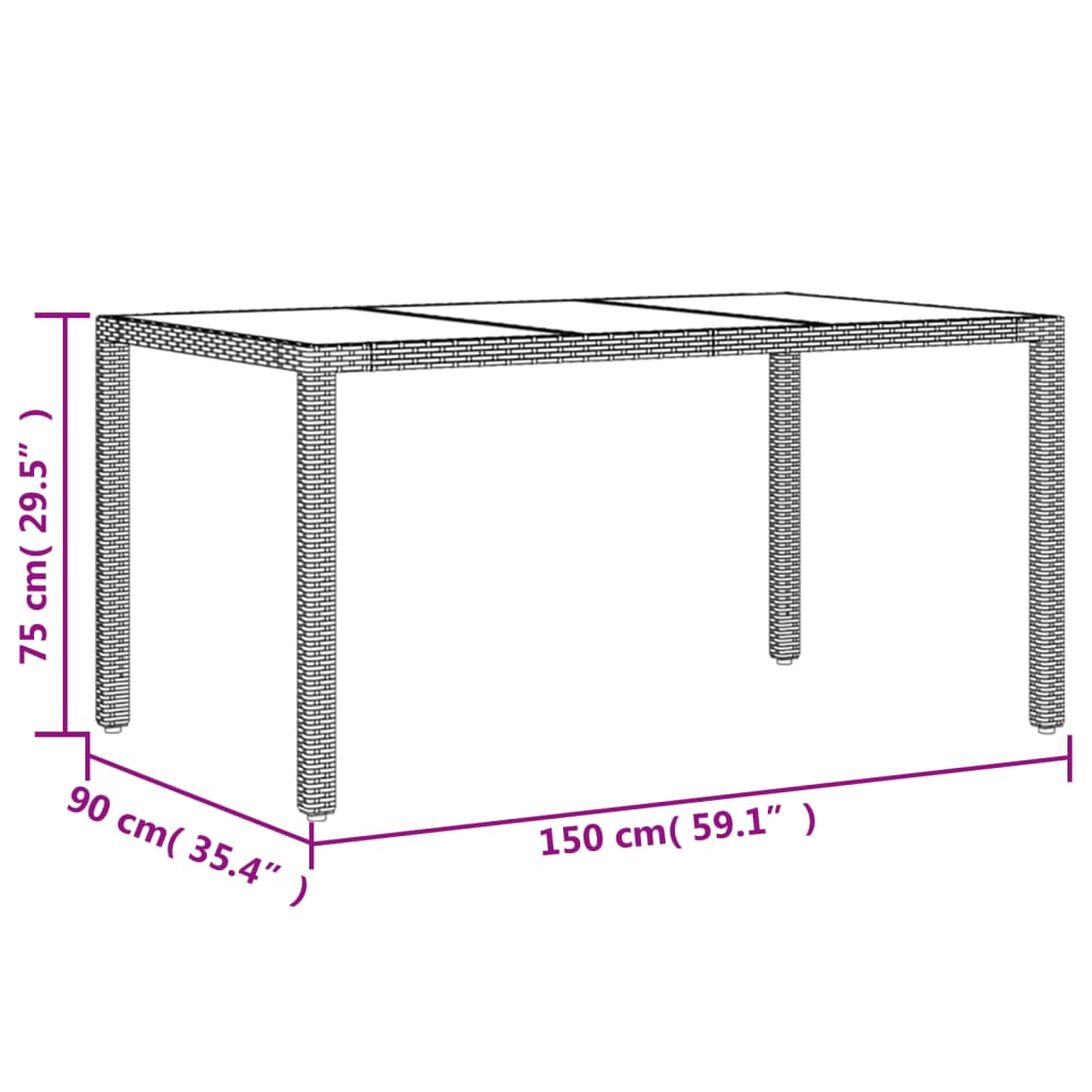 Gartentisch mit Glasplatte Beige 150x90x75 cm Poly Rattan