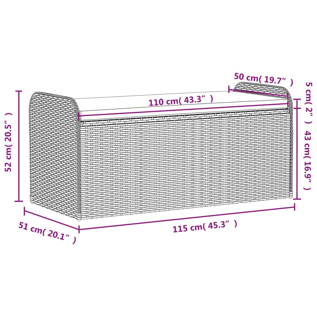 Sitzbank mit Stauraum & Kissen Grau 115x51x52 cm Poly Rattan