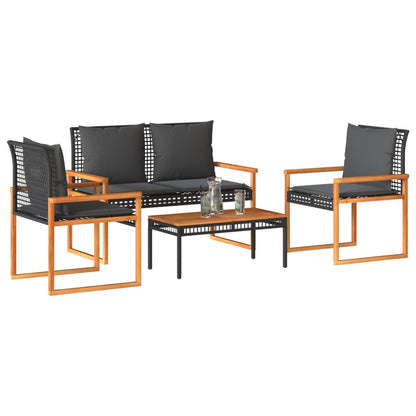 4-tlg. Garten-Lounge-Set mit Kissen Schwarz Poly Rattan