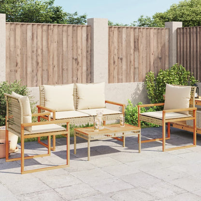 4-tlg. Garten-Lounge-Set mit Kissen Beige Poly Rattan