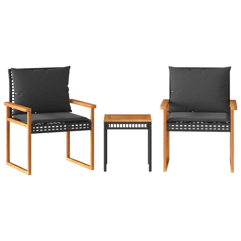 3-tlg. Bistro-Set mit Kissen Schwarz Poly Rattan Akazienholz